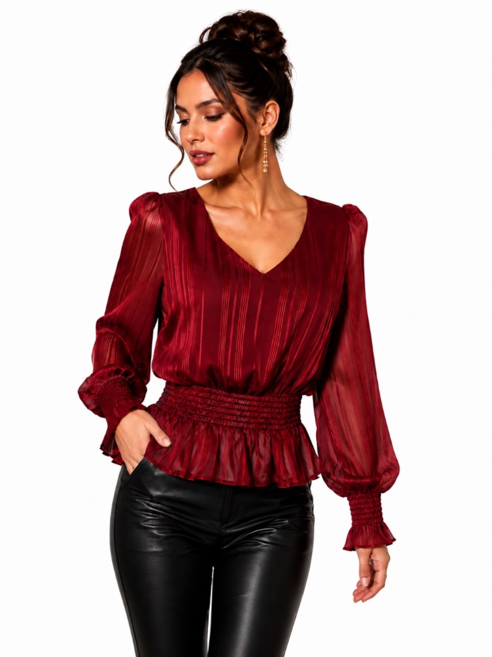 Shinestar Red Striped Sheer Long Sleeve Romantic Coquette Smocked Blouse Size L